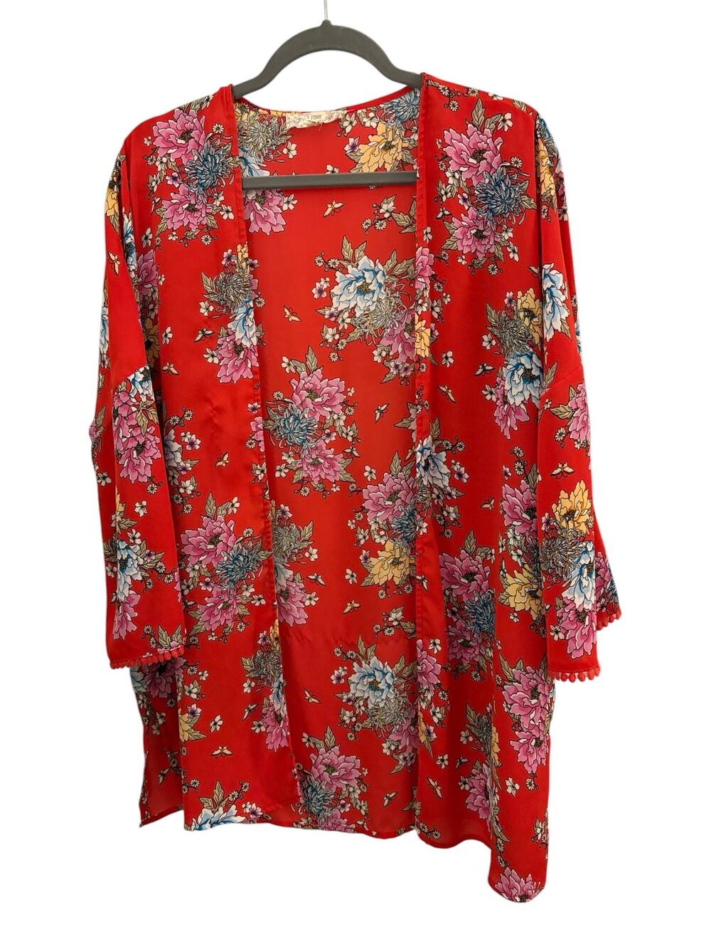 Pink Republic Red Floral Open Front Kimono Large Lightweight Flowy Boho Fairy